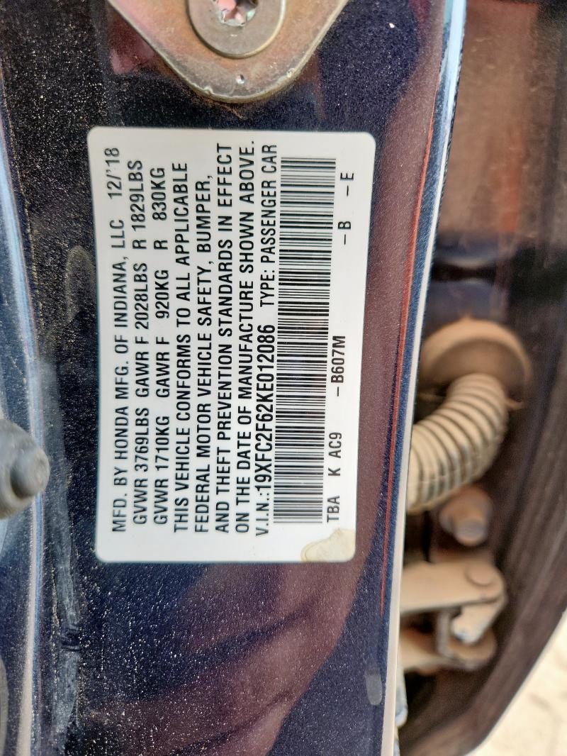 19XFC2F62KE012086 - 2019 HONDA CIVIC LX 蓝色 照片 12