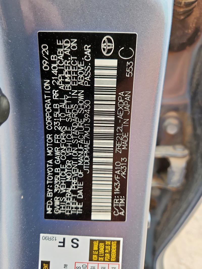 JTDDPMAE7MJ139430 - 2021 TOYOTA COROLLA L Blau Foto 12