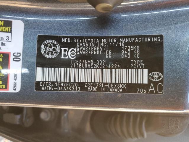 2T1BURHE2KC214224 - 2019 TOYOTA COROLLA L GRAY photo 13