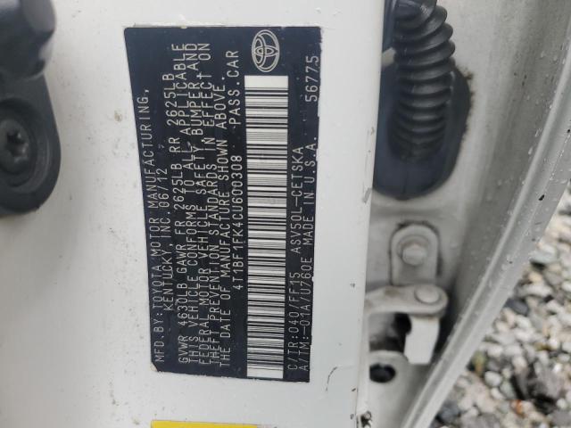 4T1BF1FK4CU600308 - 2012 TOYOTA CAMRY BASE Ақ фото 12