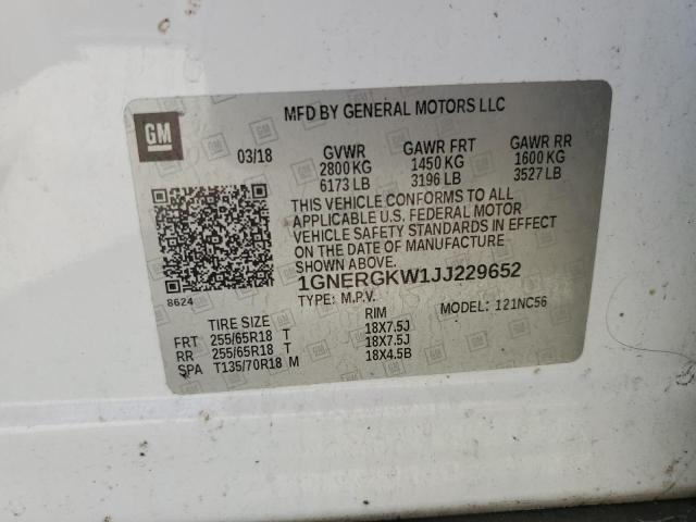 1GNERGKW1JJ229652 - 2018 CHEVROLET TRAVERSE LT თეთრი ფოტო 14