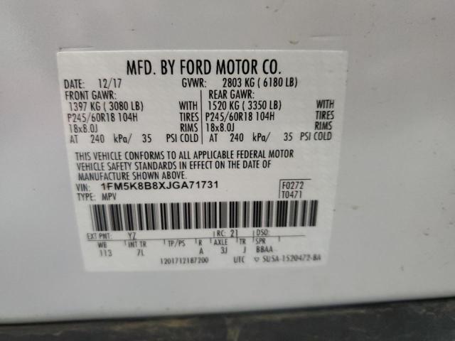 1FM5K8B8XJGA71731 - 2018 FORD EXPLORER 白色 照片 13