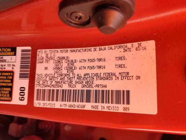 3TMCZ5AN4GM025842 - 2016 TOYOTA TACOMA DOUBLE CAB 红色 照片 12