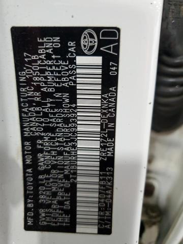 2T1BURHE3JC993924 - 2018 TOYOTA COROLLA L 白色 照片 12