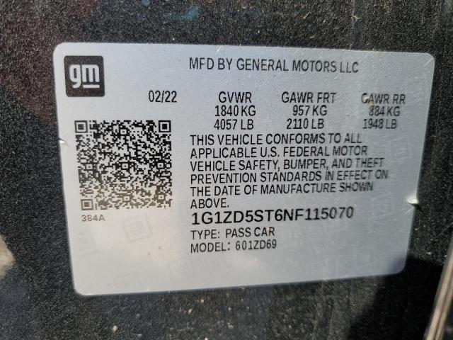 1G1ZD5ST6NF115070 - 2022 CHEVROLET MALIBU LT შავი ფოტო 12