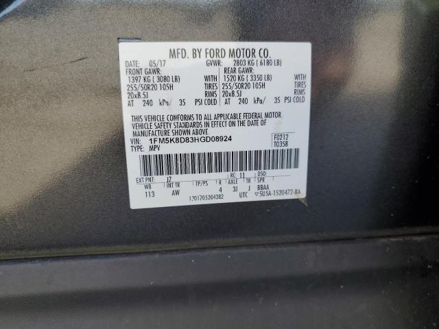 1FM5K8D83HGD08924 - 2017 FORD EXPLORER XLT Grau Foto 13