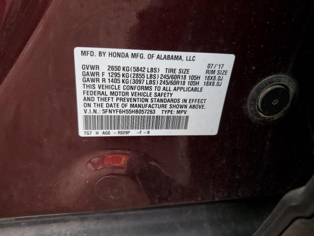 5FNYF6H55HB057263 - 2017 HONDA PILOT EXL მუქწითელი ფოტო 13