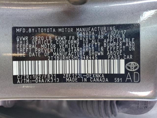 2T1BURHE5HC948445 - 2017 TOYOTA COROLLA L 灰色 照片 12