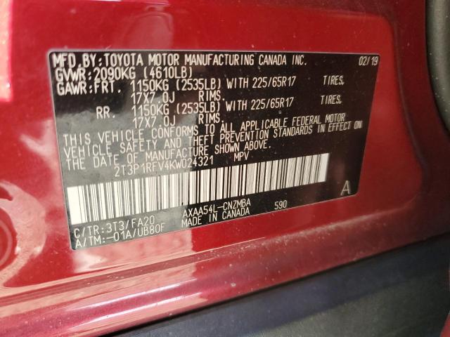 2T3P1RFV4KW024321 - 2019 TOYOTA RAV4 XLE Burgund zdjęcie 13