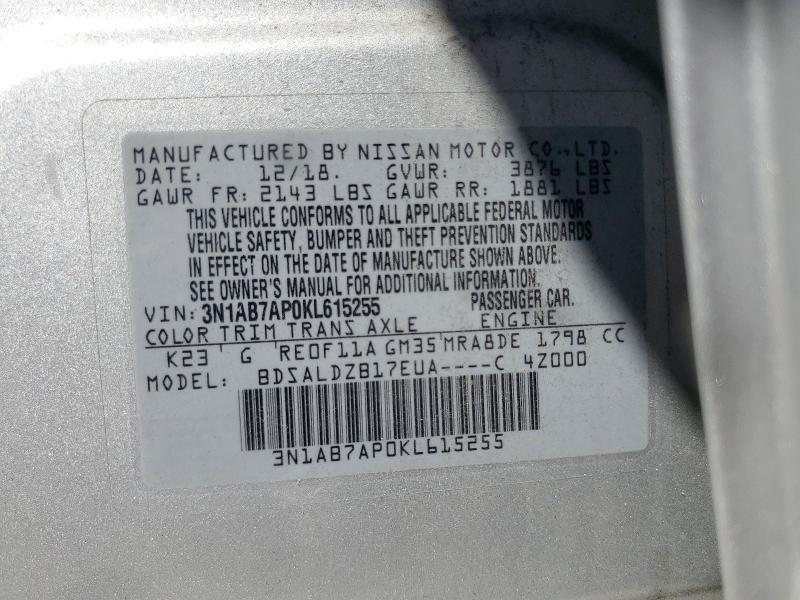 3N1AB7AP0KL615255 - 2019 NISSAN SENTRA S Plata foto 13