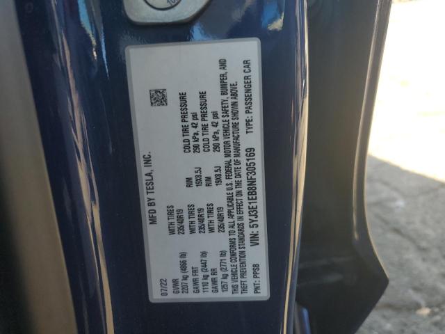5YJ3E1EB8NF305169 - 2022 TESLA MODEL 3 Azul foto 12