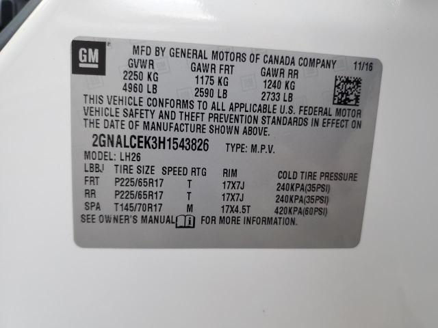 2GNALCEK3H1543826 - 2017 CHEVROLET EQUINOX LT WHITE photo 13