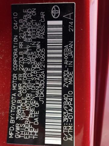 JTDKN3DU2A1210605 - 2010 TOYOTA PRIUS BURGUNDY photo 13