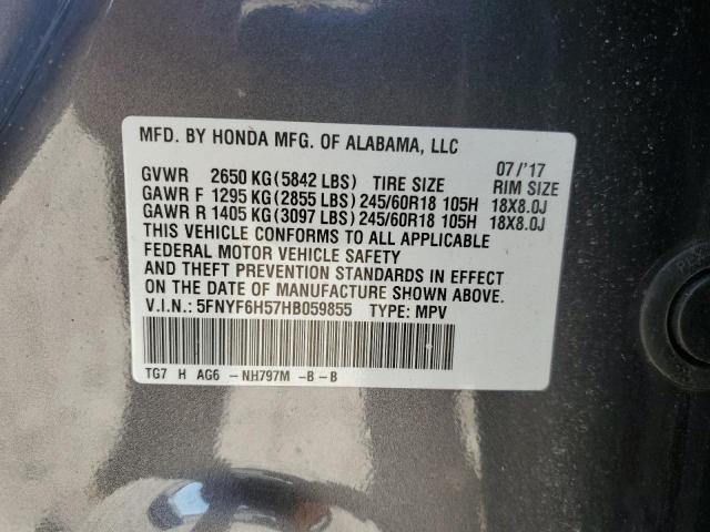 5FNYF6H57HB059855 - 2017 HONDA PILOT EXL Gri fotoğraf 14