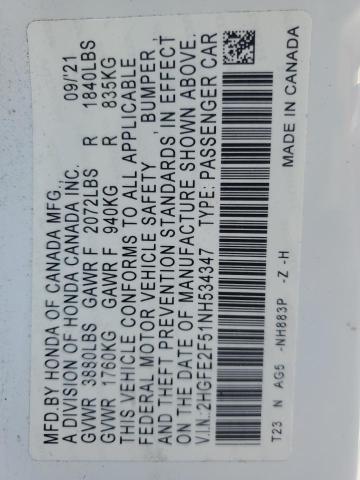 2HGFE2F51NH534347 - 2022 HONDA CIVIC SPORT WHITE photo 12