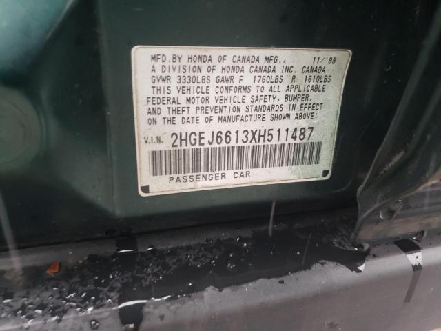 2HGEJ6613XH511487 - 1999 HONDA CIVIC BASE Yaşıl foto 13