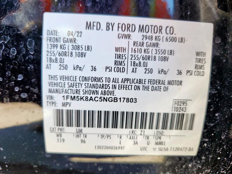 1FM5K8AC5NGB17803 - 2022 FORD EXPLORER POLICE INTERCEPTOR BLACK photo 14