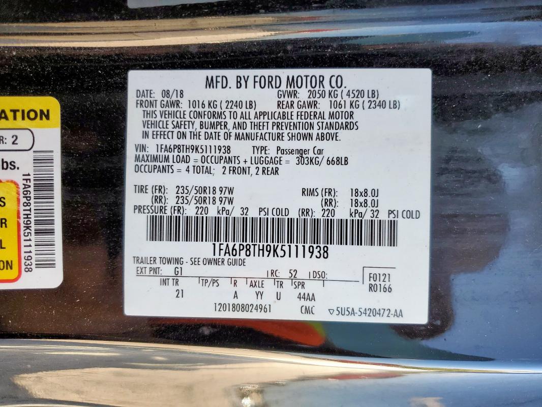 1FA6P8TH9K5111938 - 2019 FORD MUSTANG 黑色 照片 12