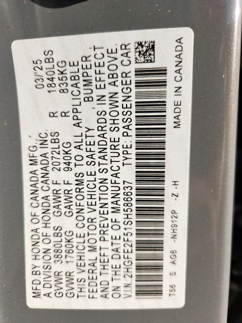 2HGFE2F51SH586637 - 2025 HONDA CIVIC SPORT 灰色 照片 13