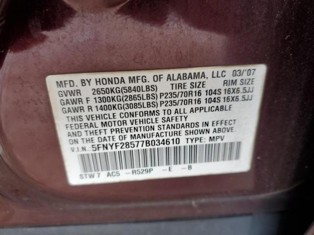 5FNYF28577B034610 - 2007 HONDA PILOT EXL Granate foto 14