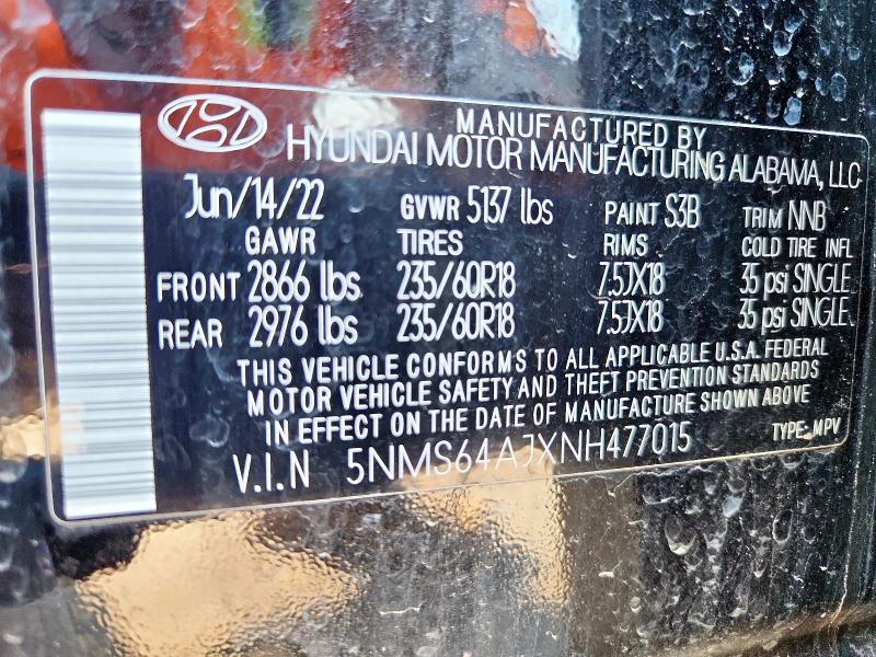 5NMS64AJXNH477015 - 2022 HYUNDAI SANTA FE SEL Черный фото 13