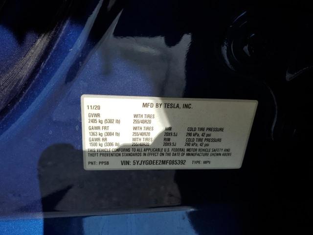 5YJYGDEE2MF085392 - 2021 TESLA MODEL Y Mavi fotoğraf 12