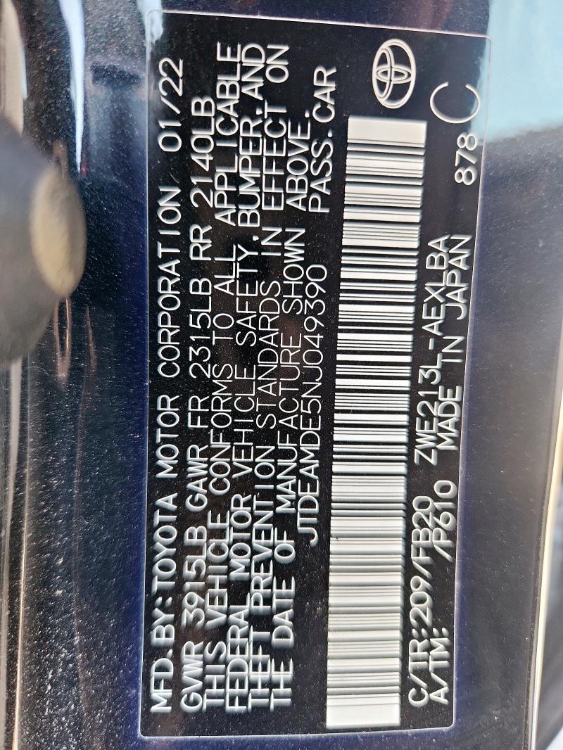 JTDEAMDE5NJ049390 - 2022 TOYOTA COROLLA LE 黑色 照片 12