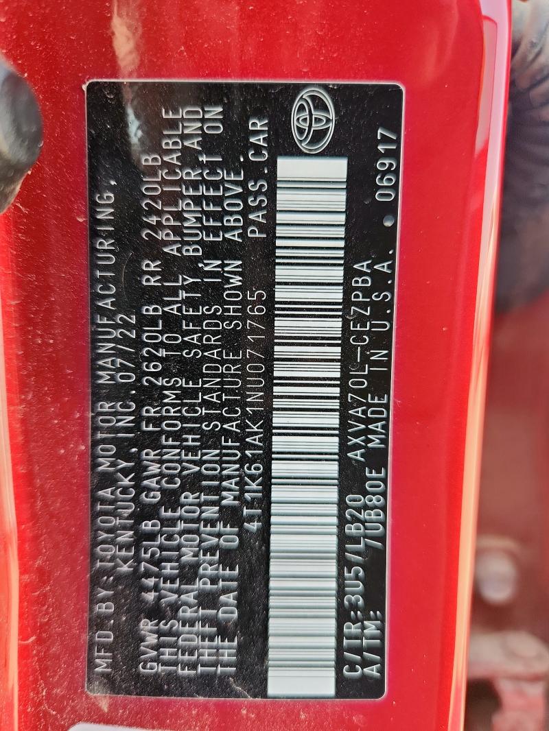 4T1K61AK1NU071765 - 2022 TOYOTA CAMRY XSE Rojo foto 12