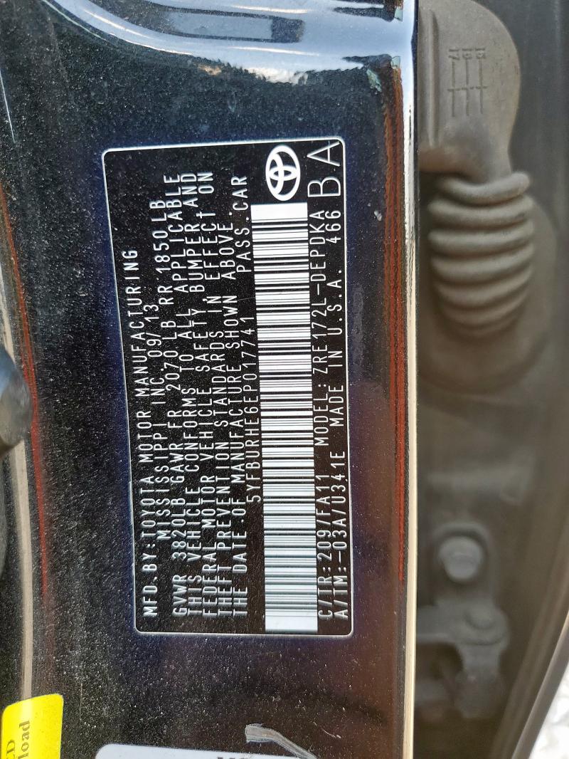 5YFBURHE6EP017741 - 2014 TOYOTA COROLLA L BLACK photo 12