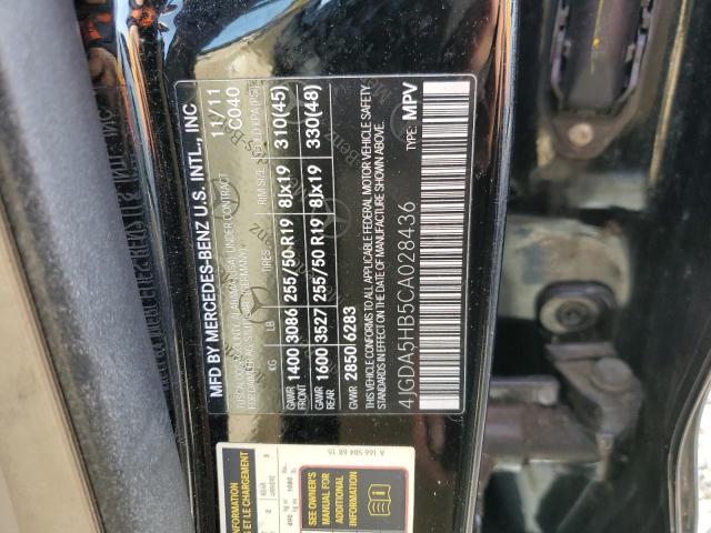 4JGDA5HB5CA028436 - 2012 MERCEDES-BENZ ML 350 4MATIC BLACK photo 13