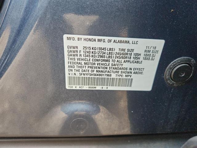 5FNYF5H56KB017968 - 2019 HONDA PILOT EXL Mavi fotoğraf 13