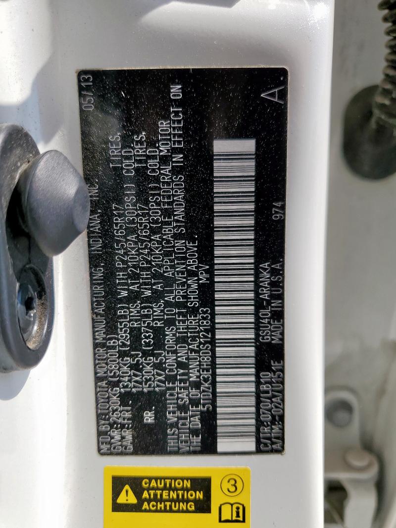 5TDZK3EH8DS121833 - 2013 TOYOTA HIGHLANDER BASE 白色 照片 13