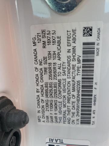 2HKRW1H83NH402305 - 2022 HONDA CR-V EXL WHITE photo 13