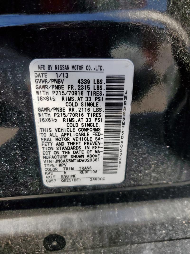 JN8AS5MT5DW020381 - 2013 NISSAN ROGUE S BLACK photo 13