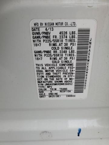 JN8AS5MVXDW639852 - 2013 NISSAN ROGUE S WHITE photo 12