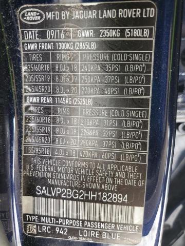 SALVP2BG2HH182894 - 2017 LAND ROVER RANGE ROVE SE BLUE photo 13