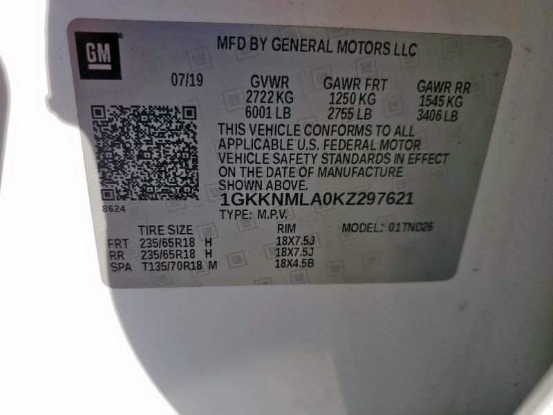 1GKKNMLA0KZ297621 - 2019 GMC ACADIA SLT-1 Weiß Foto 14