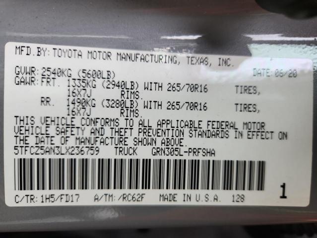 5TFCZ5AN3LX236759 - 2020 TOYOTA TACOMA DOUBLE CAB 灰色 照片 13