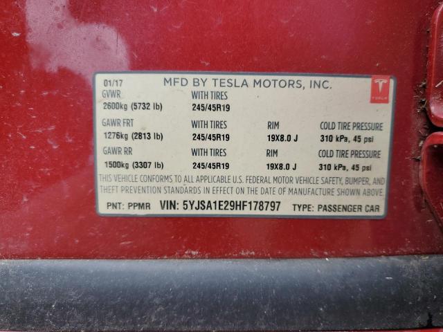 5YJSA1E29HF178797 - 2017 TESLA MODEL S Qırmızı foto 12