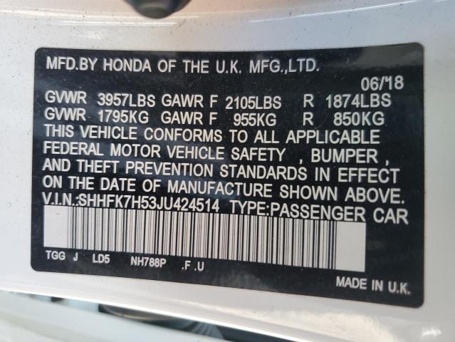 SHHFK7H53JU424514 - 2018 HONDA CIVIC EX Ağ foto 12