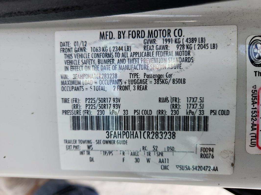 3FAHP0HA1CR283238 - 2012 FORD FUSION SE Ağ foto 12