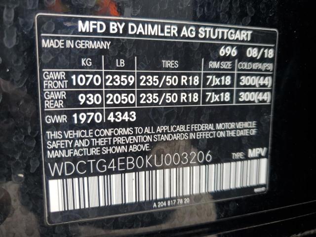 WDCTG4EB0KU003206 - 2019 MERCEDES-BENZ GLA 250 Schwarz Foto 14