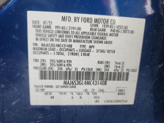 MAJ6S3GL4MC431408 - 2021 FORD ECOSPORT SE ლურჯი ფოტო 13