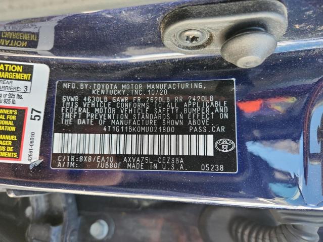 4T1G11BK0MU021800 - 2021 TOYOTA CAMRY SE BLUE photo 13