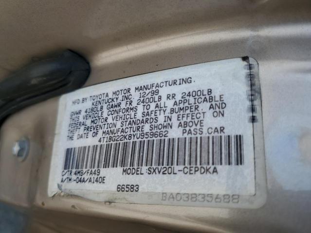 4T1BG22K8YU959662 - 2000 TOYOTA CAMRY CE TAN photo 12