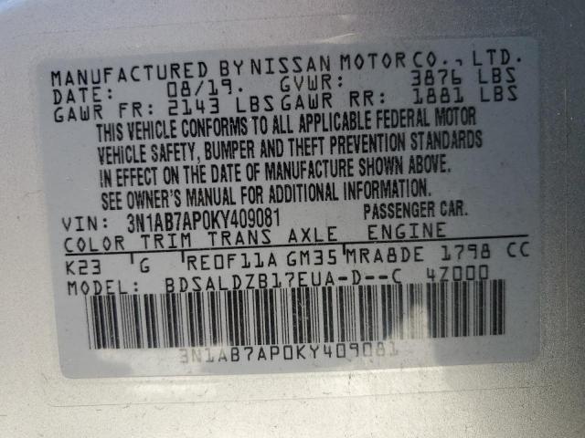 3N1AB7AP0KY409081 - 2019 NISSAN SENTRA S SILVER photo 13