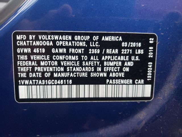 1VWAT7A31GC046116 - 2016 VOLKSWAGEN PASSAT S Կապույտ լուսանկար 12