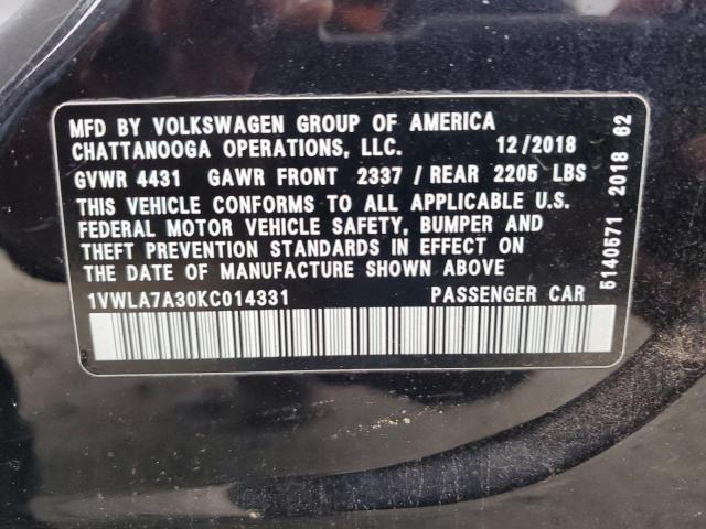 1VWLA7A30KC014331 - 2019 VOLKSWAGEN PASSAT WOLFSBURG 黑色 照片 12