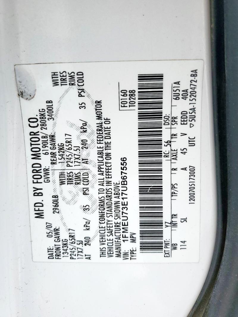 1FMEU73E17UB67556 - 2007 FORD EXPLORER XLT თეთრი ფოტო 13