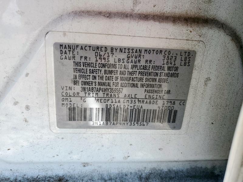 3N1AB7AP4HY359567 - 2017 NISSAN SENTRA S 白色 照片 13